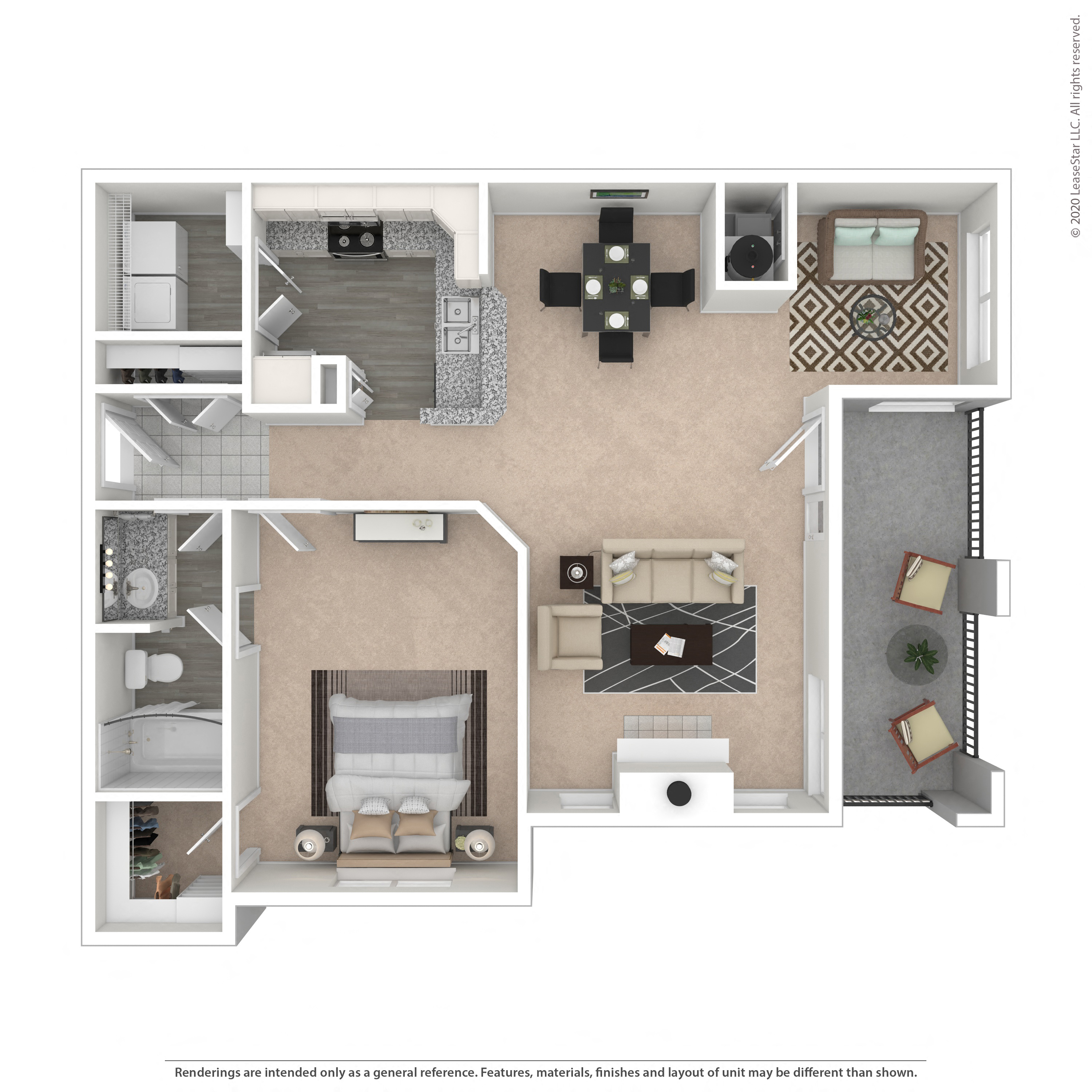 Floor plan for 1 bed, 1 bath, 884 sqft